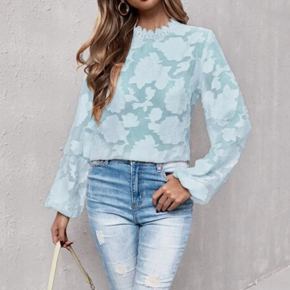 Bohemian Blue Floral Sheer Top Work Frill Neck Embroidered - Picture 6 of 8